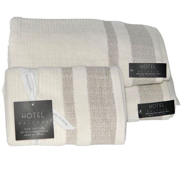 Hotel Balfour 4pc Cream And Taupe Turkish Cotton Towel Set 2‎ Bath 2 Hand - Picture 7 of 15